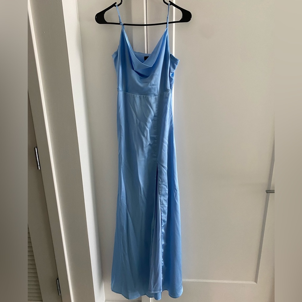 Lulus Formal Invitation Light Blue Satin Cowl Neck Maxi Dress in Size XS, M - Picture 7 of 7